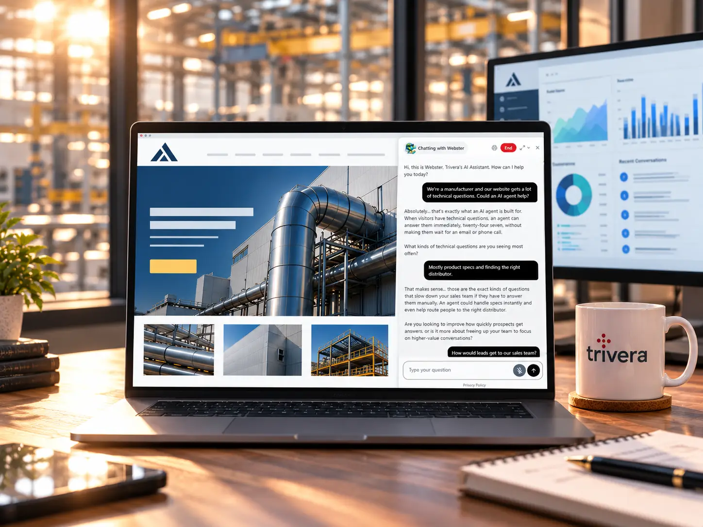 A Trivera AI agent qualifying a manufacturer's website visitor in a chat on a laptop