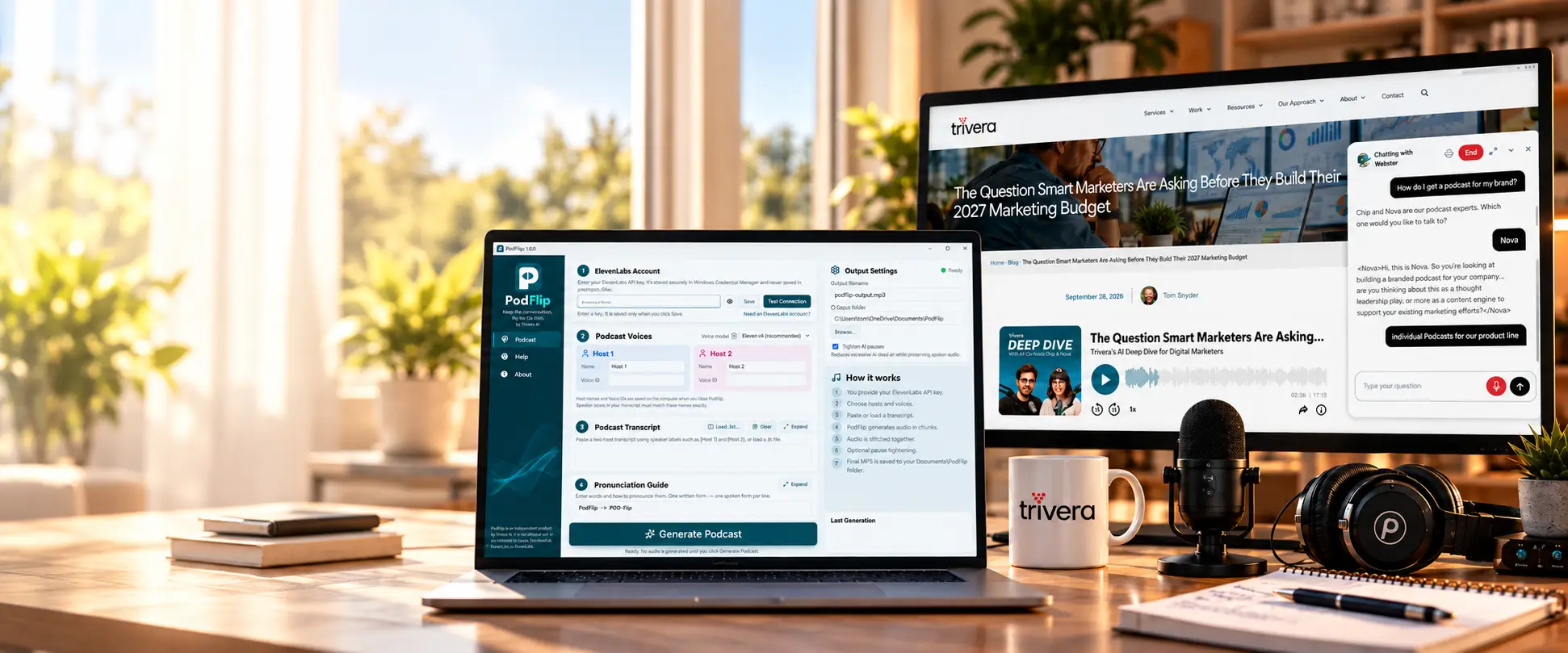 A workspace showing a Trivera AI agent chat, a podcast player and the PodFlip app on screen