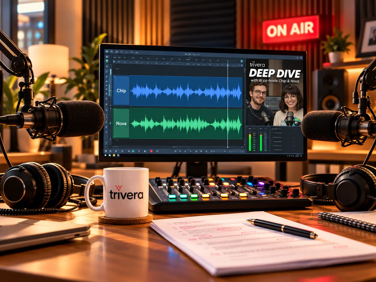 Podcast studio with microphones, a mixing board and a screen showing Deep Dive with AI co-hosts Chip and Nova