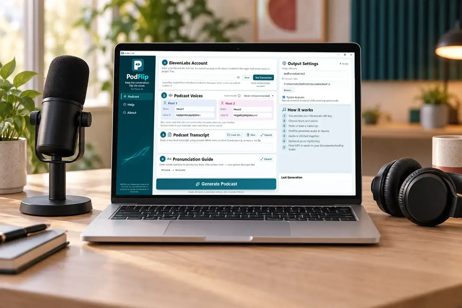 The PodFlip app on a laptop, beside a studio microphone and headphones